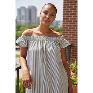 Rebellion Gray &‎ White Striped Off-Shoulder Ruffle Top S